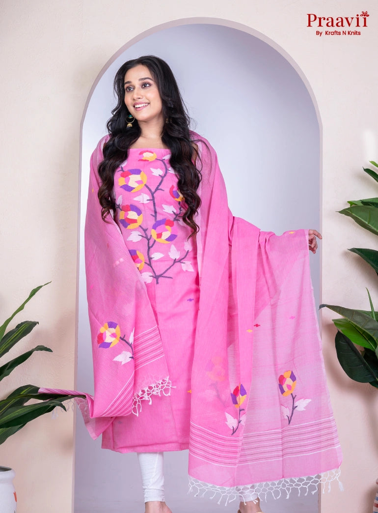 Pink Cotton Handwoven Jamdani Unstitched Suit Set