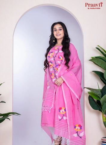 Pink Cotton Handwoven Jamdani Unstitched Suit Set