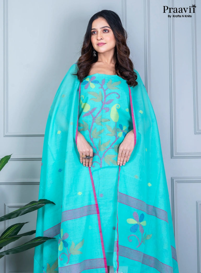 Cyan Color Cotton Jamdani Unstitched Suit Set