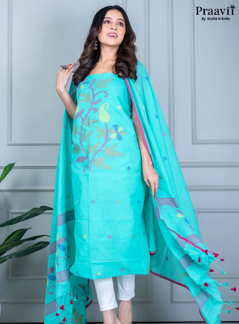 Cyan Color Cotton Jamdani Unstitched Suit Set