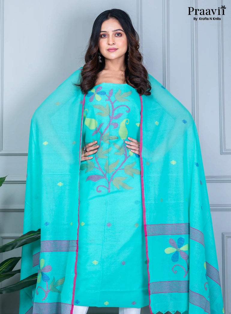 Cyan Color Cotton Jamdani Unstitched Suit Set