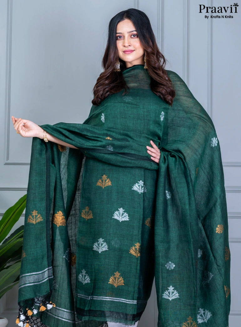 Bottle Green Cotton Jamdani Unstitched Suit Set