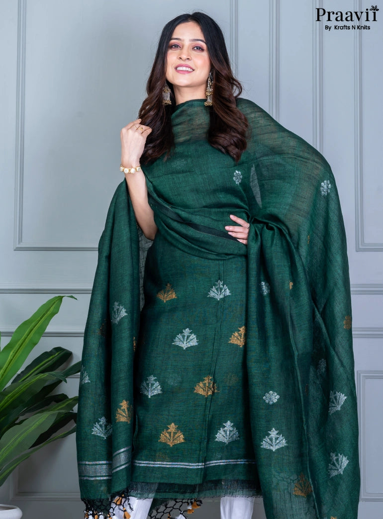 Bottle Green Cotton Jamdani Unstitched Suit Set