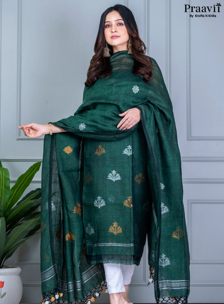 Bottle Green Cotton Jamdani Unstitched Suit Set