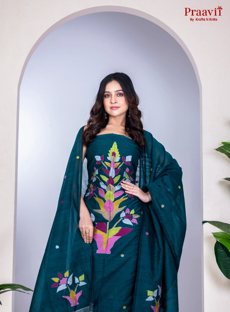 Bottle Green Cotton Jamdani Handwoven Unstitched Suit Set