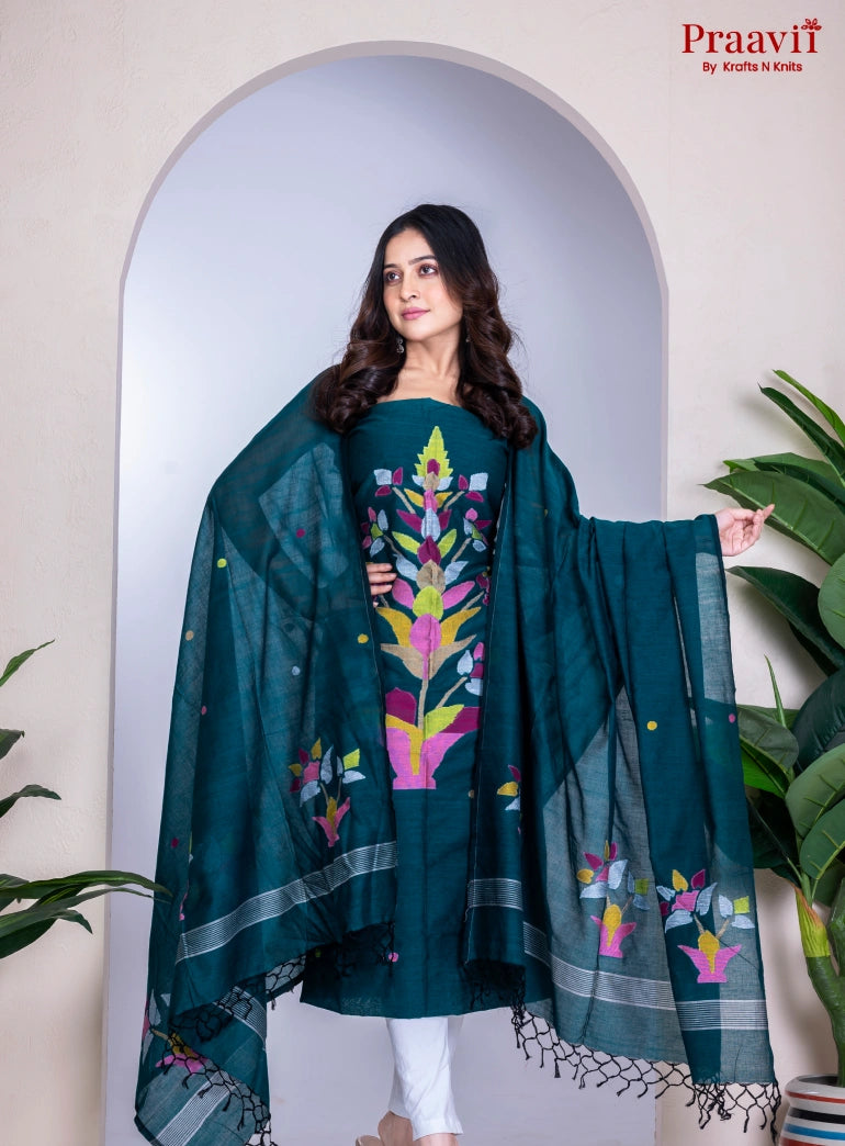 Bottle Green Cotton Jamdani Handwoven Unstitched Suit Set