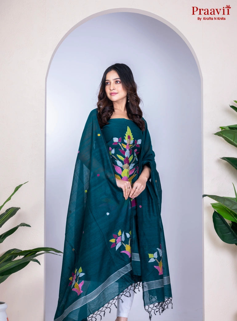 Bottle Green Cotton Jamdani Handwoven Unstitched Suit Set