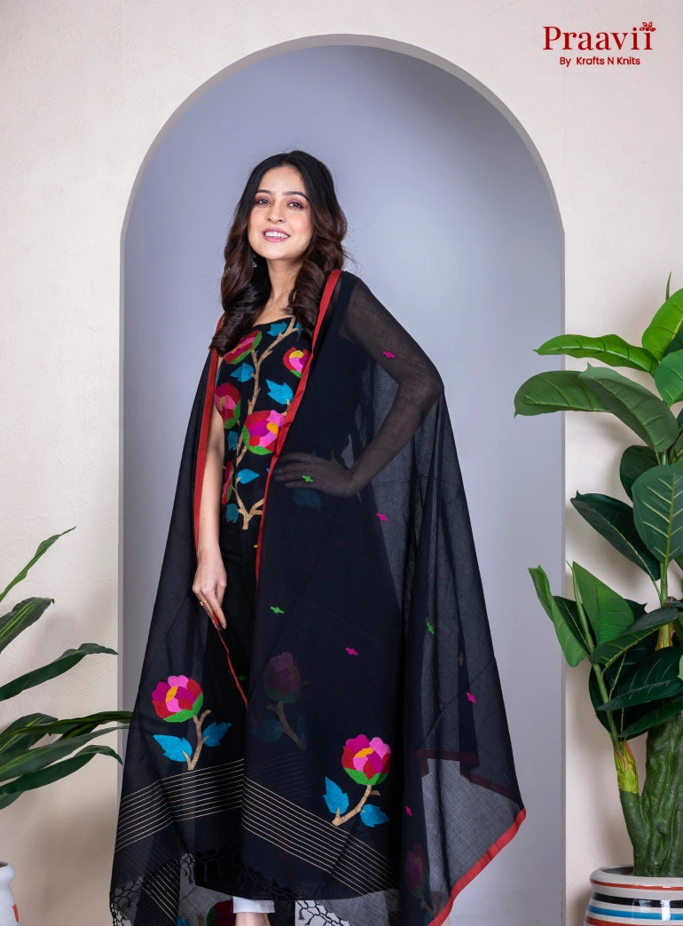 Black Cotton Jamdani Handwoven Unstitched Suit Set