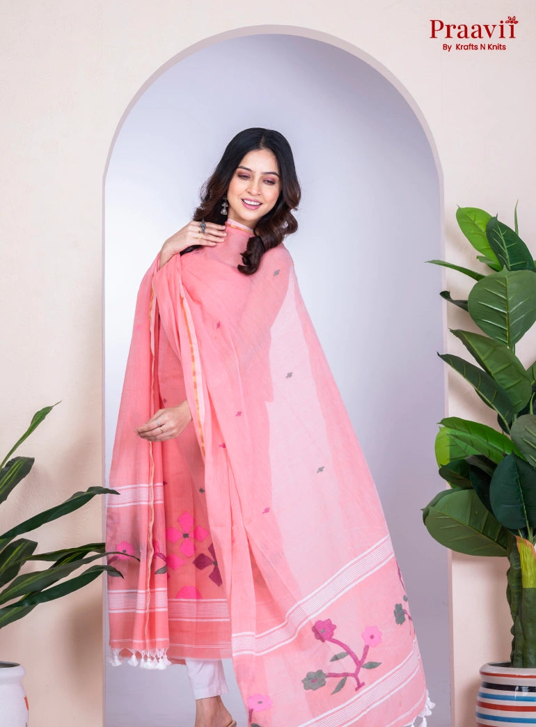 Peach Pink Jamdani Cotton Unstitched Suit Set