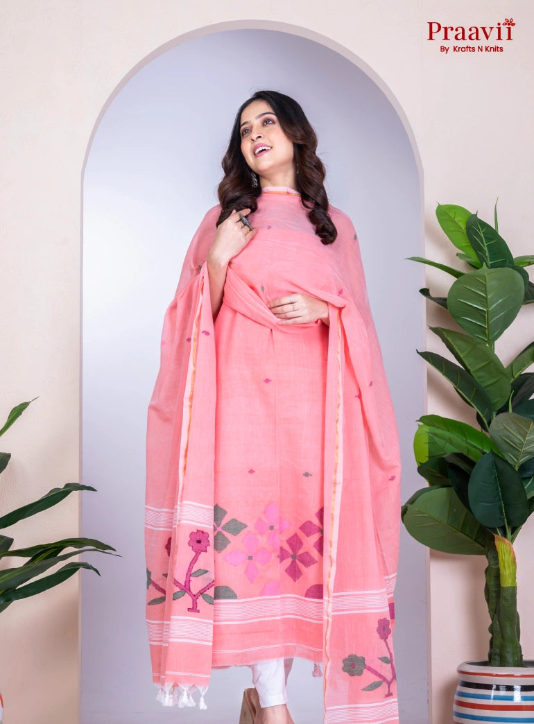 Peach Pink Jamdani Cotton Unstitched Suit Set