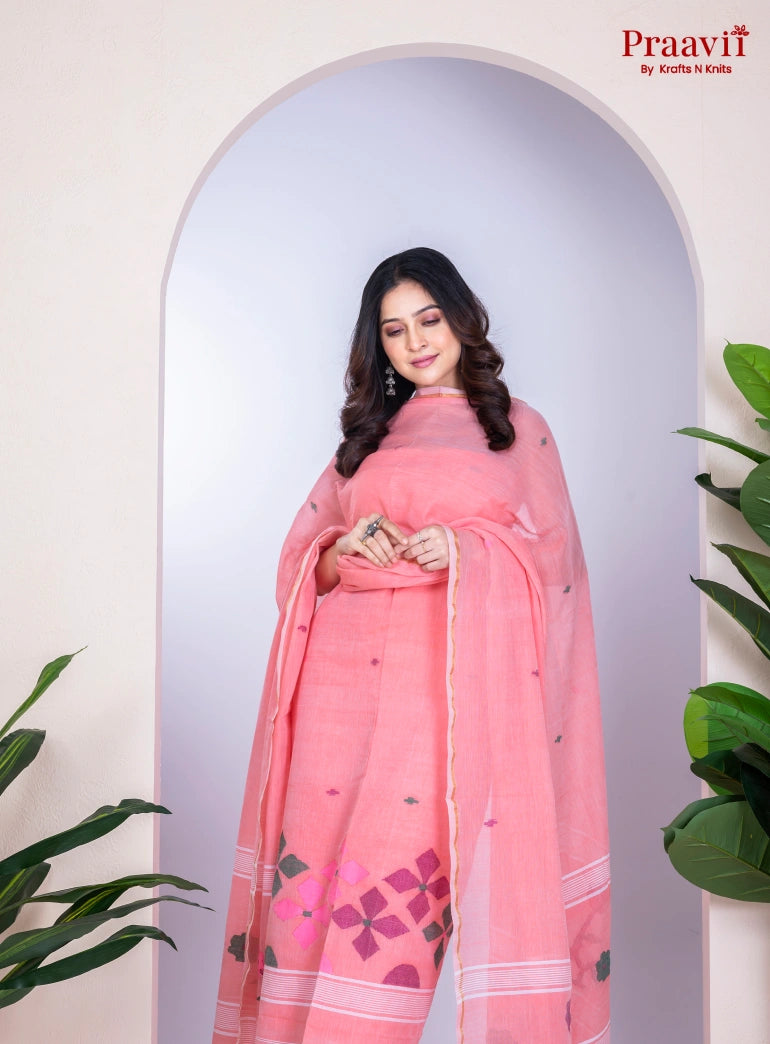 Peach Pink Jamdani Cotton Unstitched Suit Set