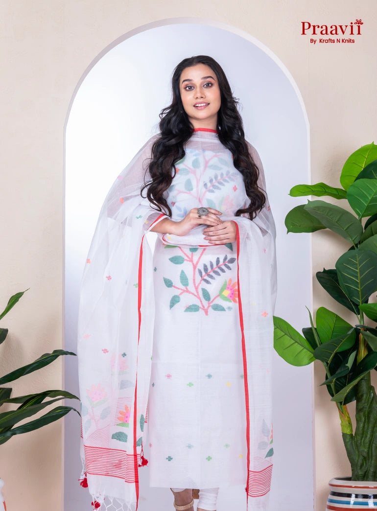 White Cotton Jamdani Unstitched Suit Set
