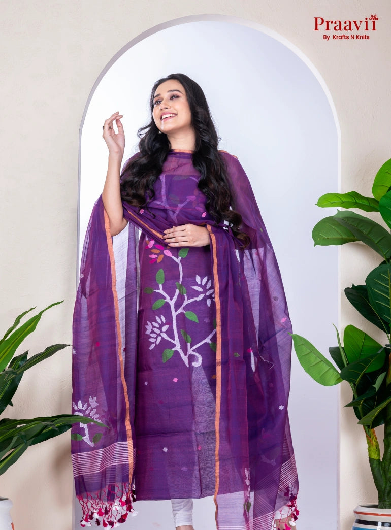 Purple Muslin Handwoven Jamdani Unstitched Suit Set