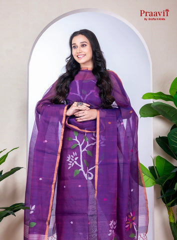 Purple Muslin Handwoven Jamdani Unstitched Suit Set