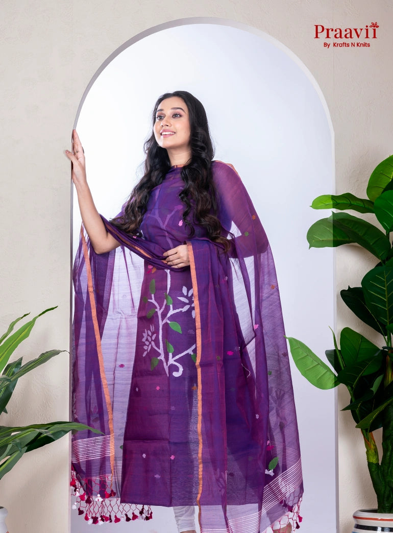 Purple Muslin Handwoven Jamdani Unstitched Suit Set