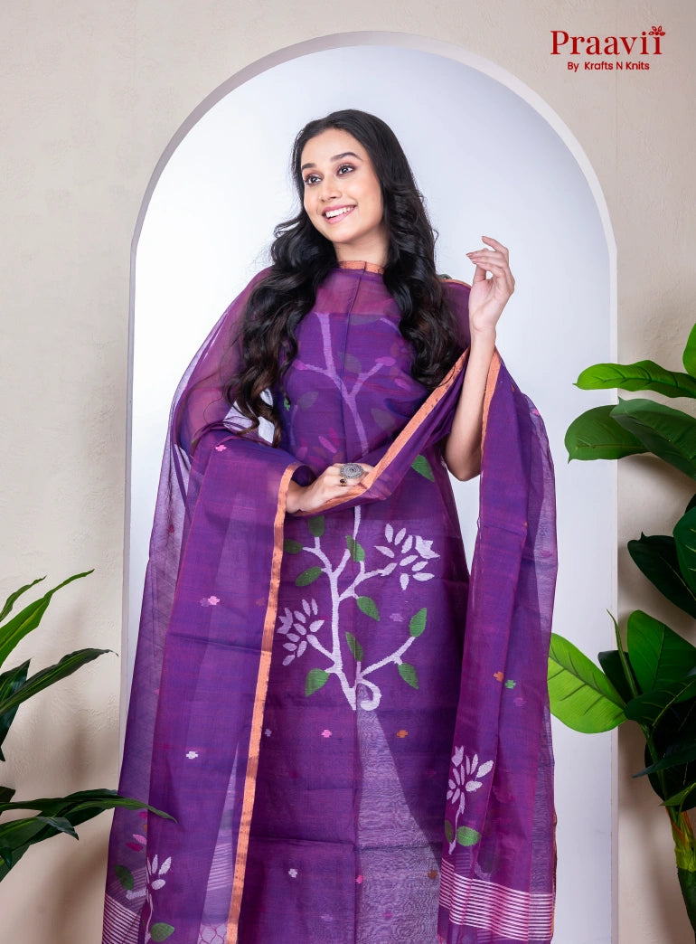 Purple Muslin Handwoven Jamdani Unstitched Suit Set