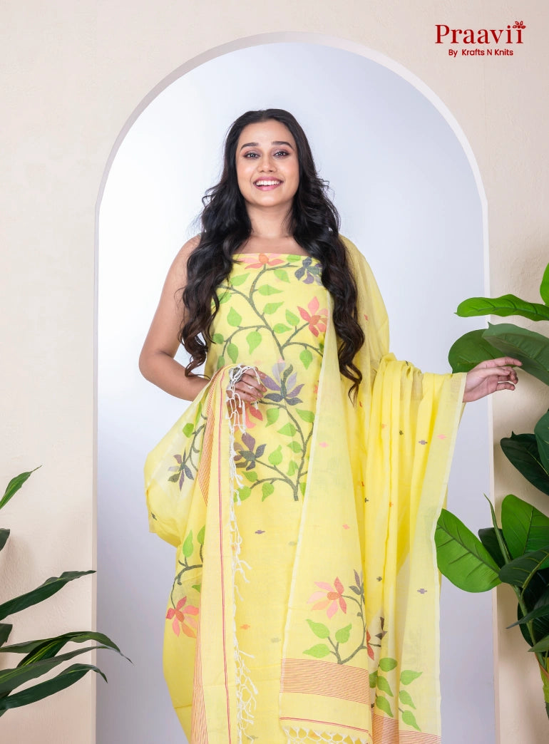 Yellow Cotton Jamdani Unstitched Handwoven Suit Set