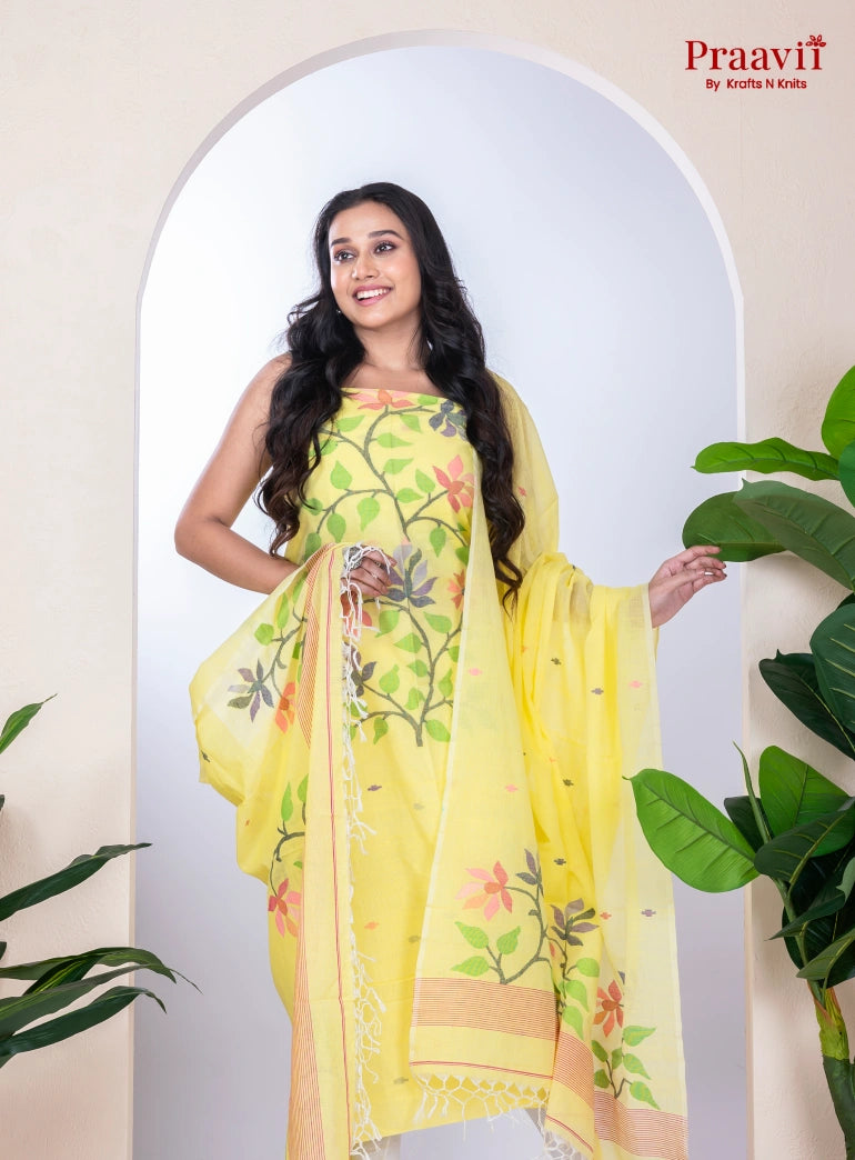 Yellow Cotton Jamdani Unstitched Handwoven Suit Set