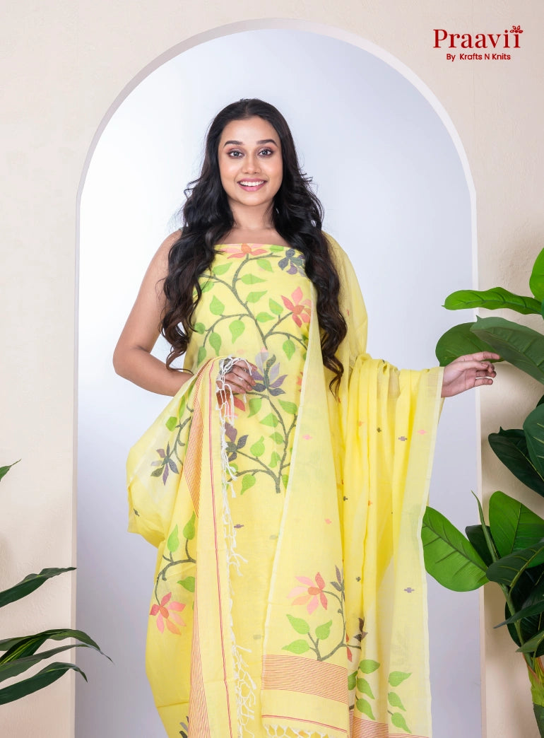 Yellow Cotton Jamdani Unstitched Handwoven Suit Set
