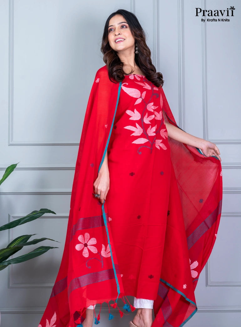 Scarlet Red Unstitched Cotton Jamdani Suit Set