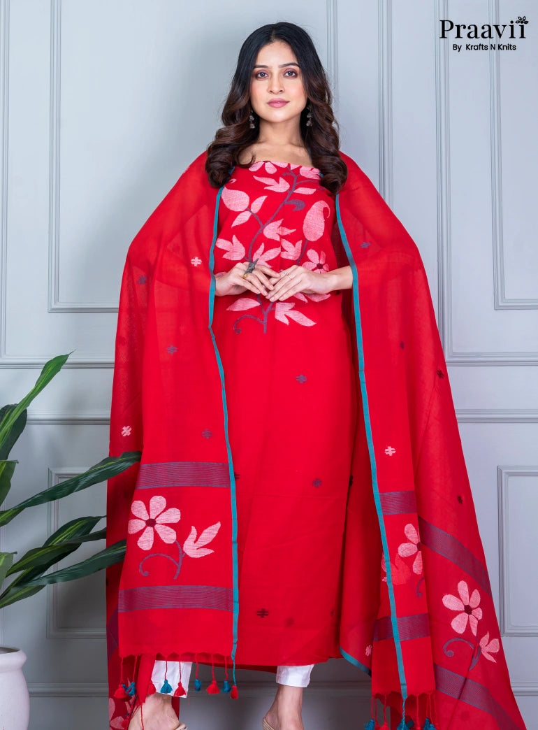 Scarlet Red Unstitched Cotton Jamdani Suit Set
