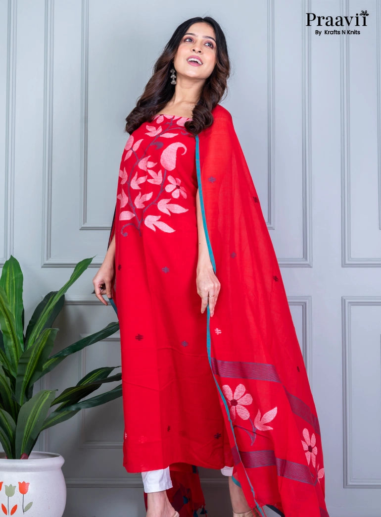Scarlet Red Unstitched Cotton Jamdani Suit Set