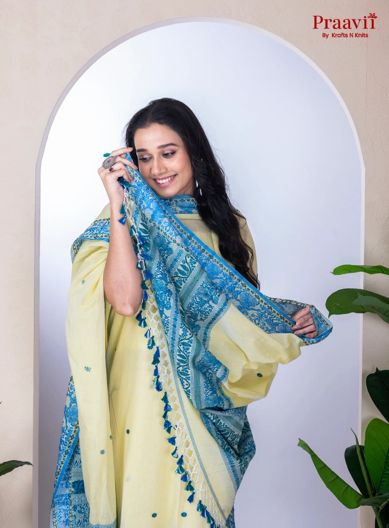 Creamy White Unstitched Cotton Jamdani Suit Set