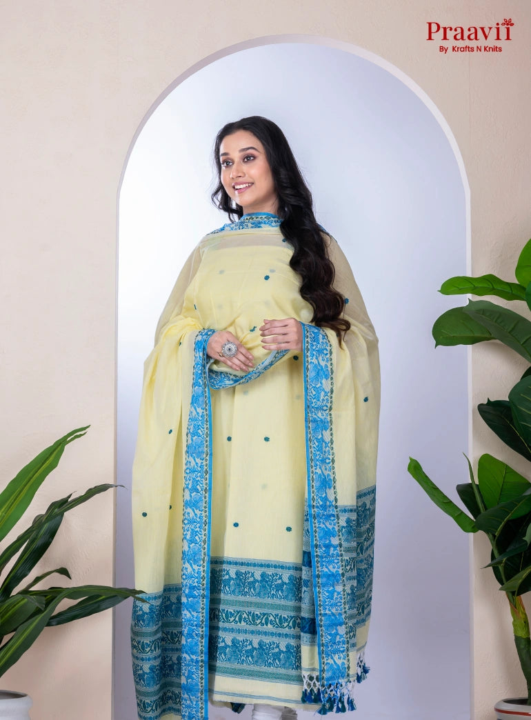 Creamy White Unstitched Cotton Jamdani Suit Set