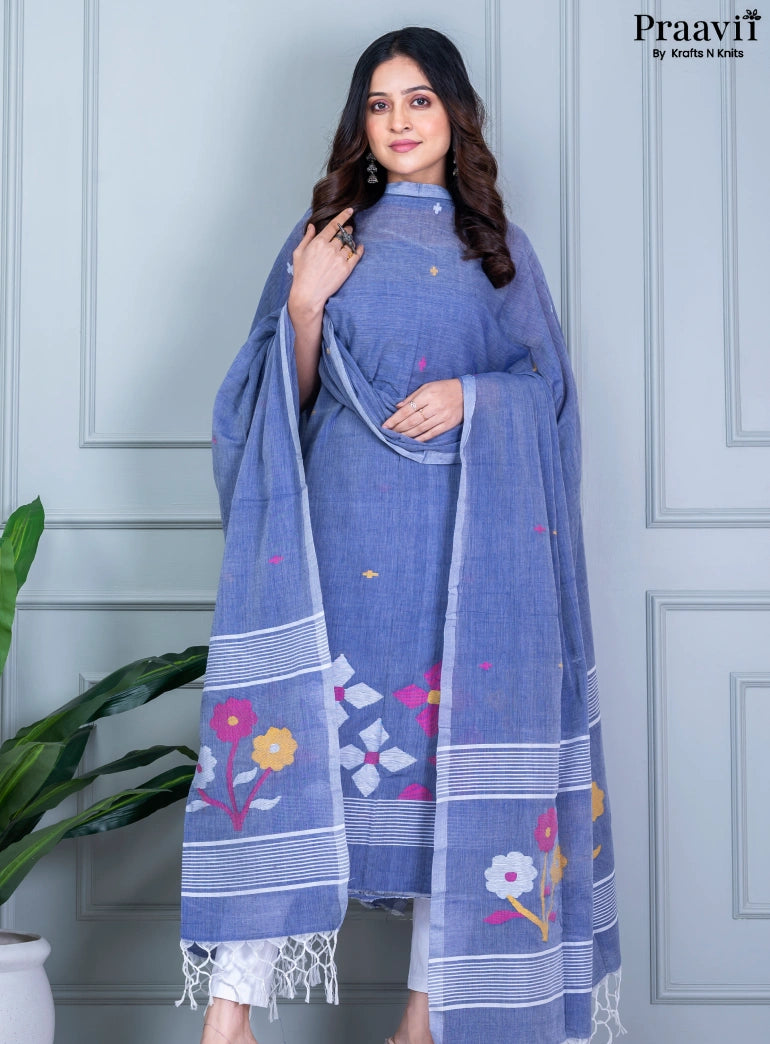 Grey Blue Unstitched Cotton Jamdani Suit Set