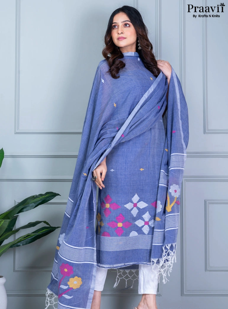 Grey Blue Unstitched Cotton Jamdani Suit Set