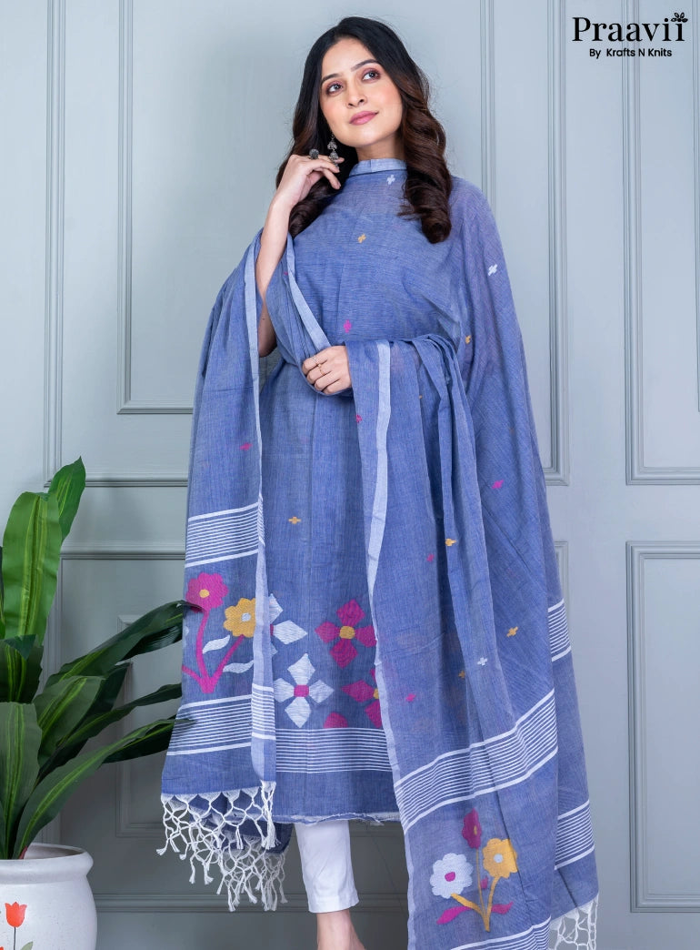 Grey Blue Unstitched Cotton Jamdani Suit Set