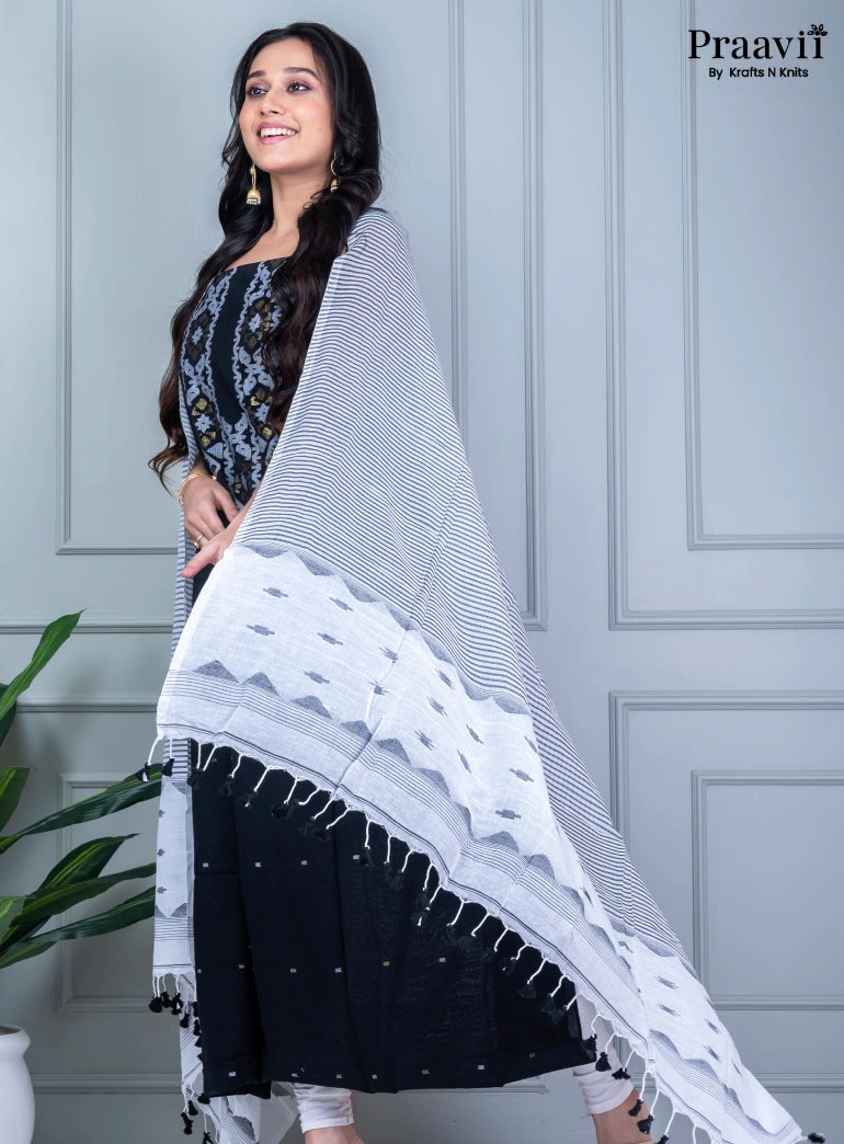 Black & White Unstitched Cotton Dhakai Jamdani Suit Set