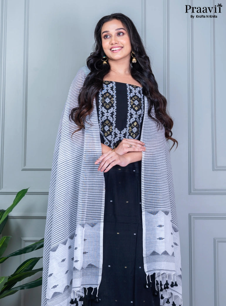 Black & White Unstitched Cotton Dhakai Jamdani Suit Set