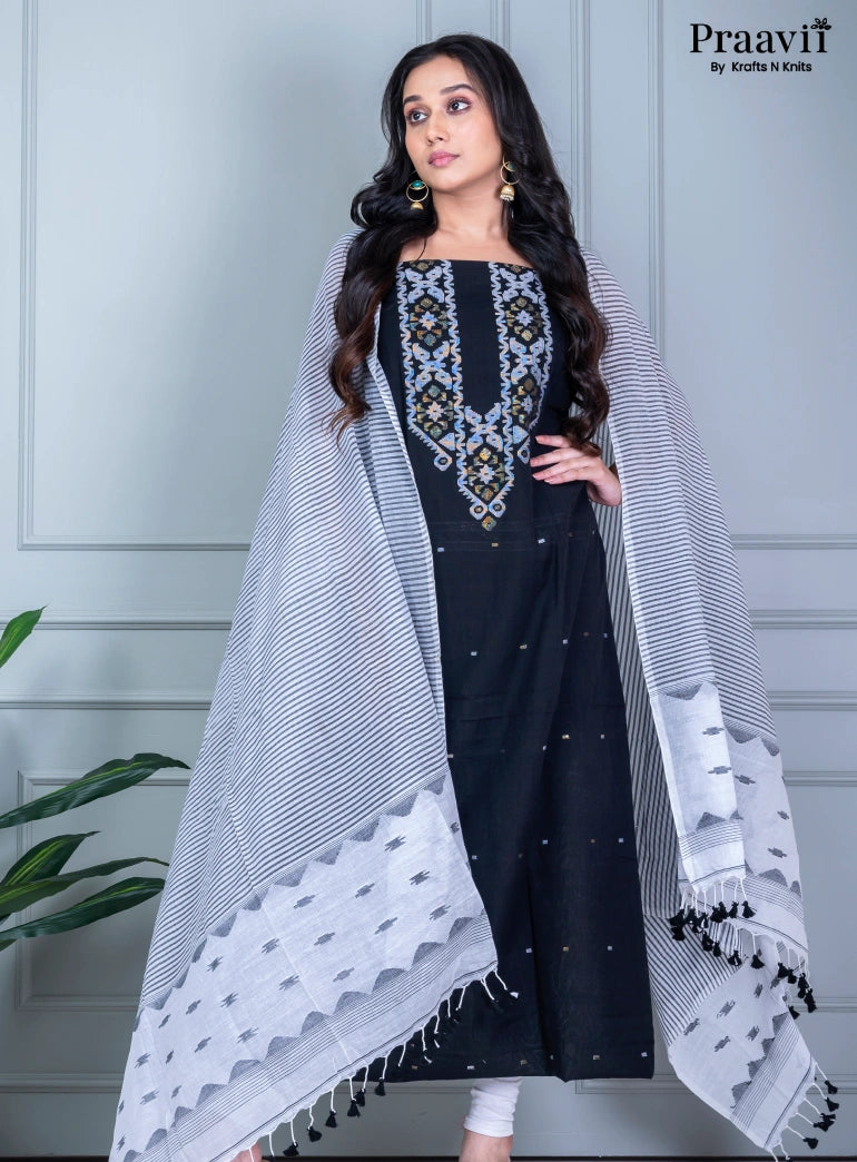 Black & White Unstitched Cotton Dhakai Jamdani Suit Set
