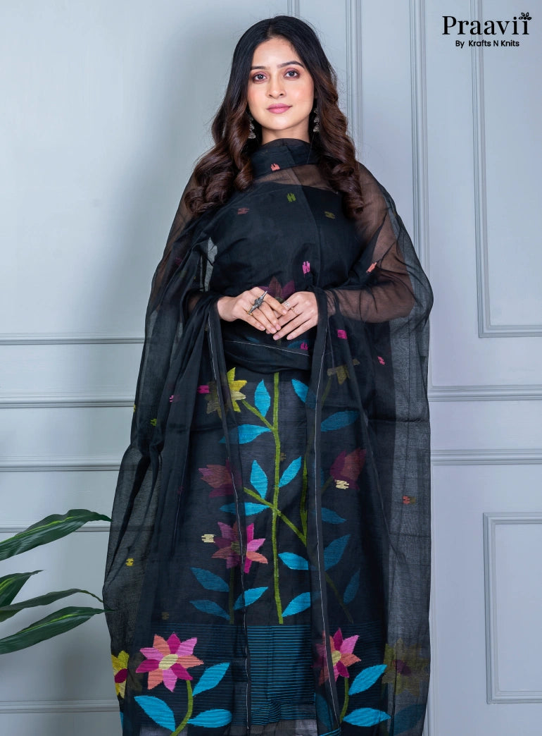 Black Unstitched Muslin Jamdani Suit Set