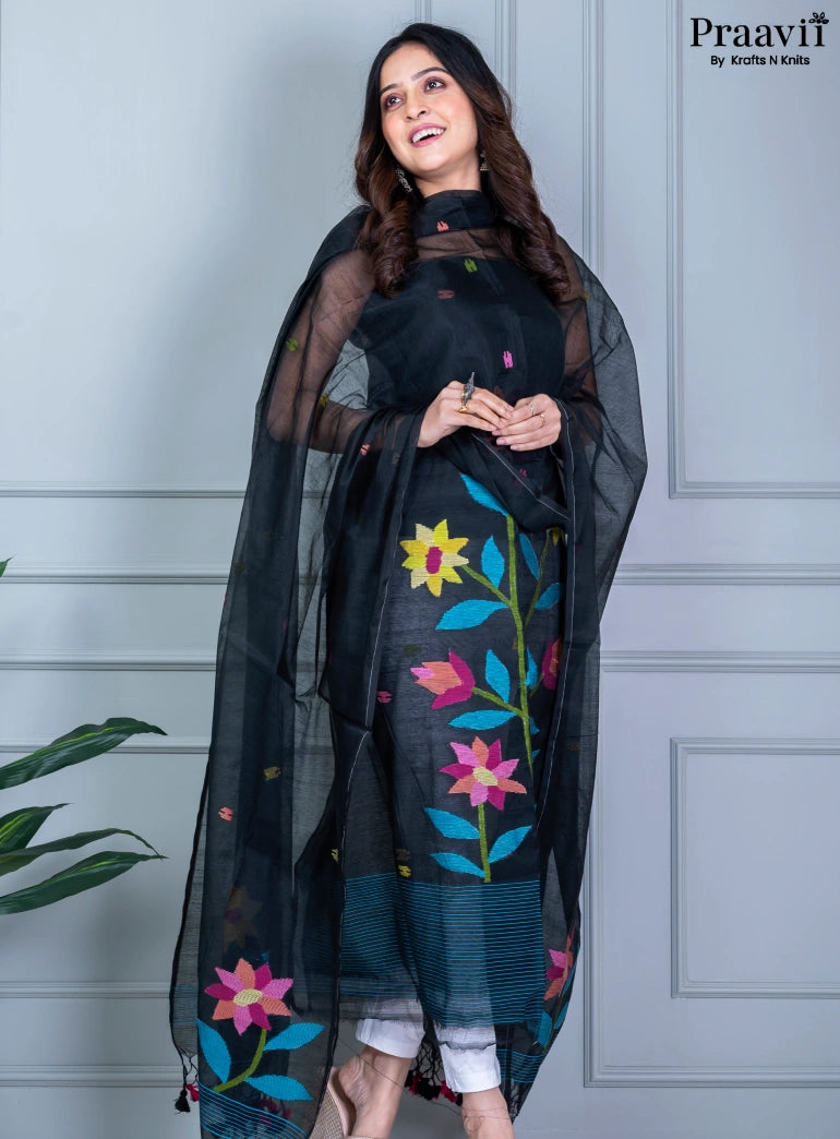 Black Unstitched Muslin Jamdani Suit Set