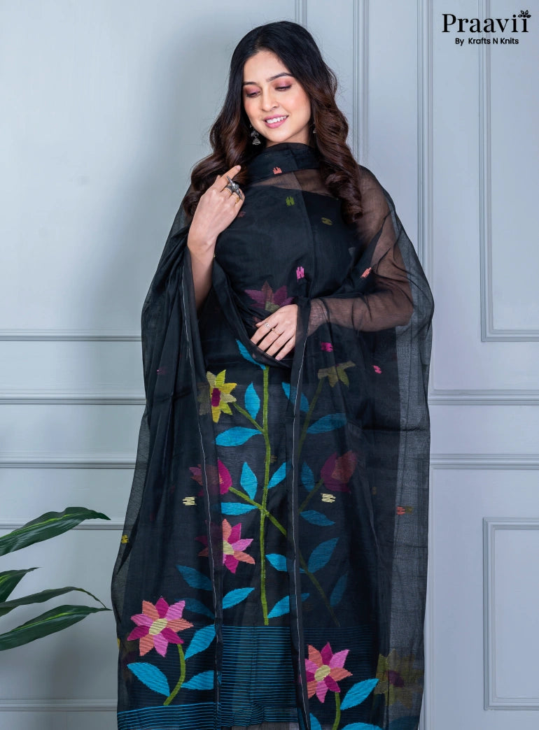 Black Unstitched Muslin Jamdani Suit Set