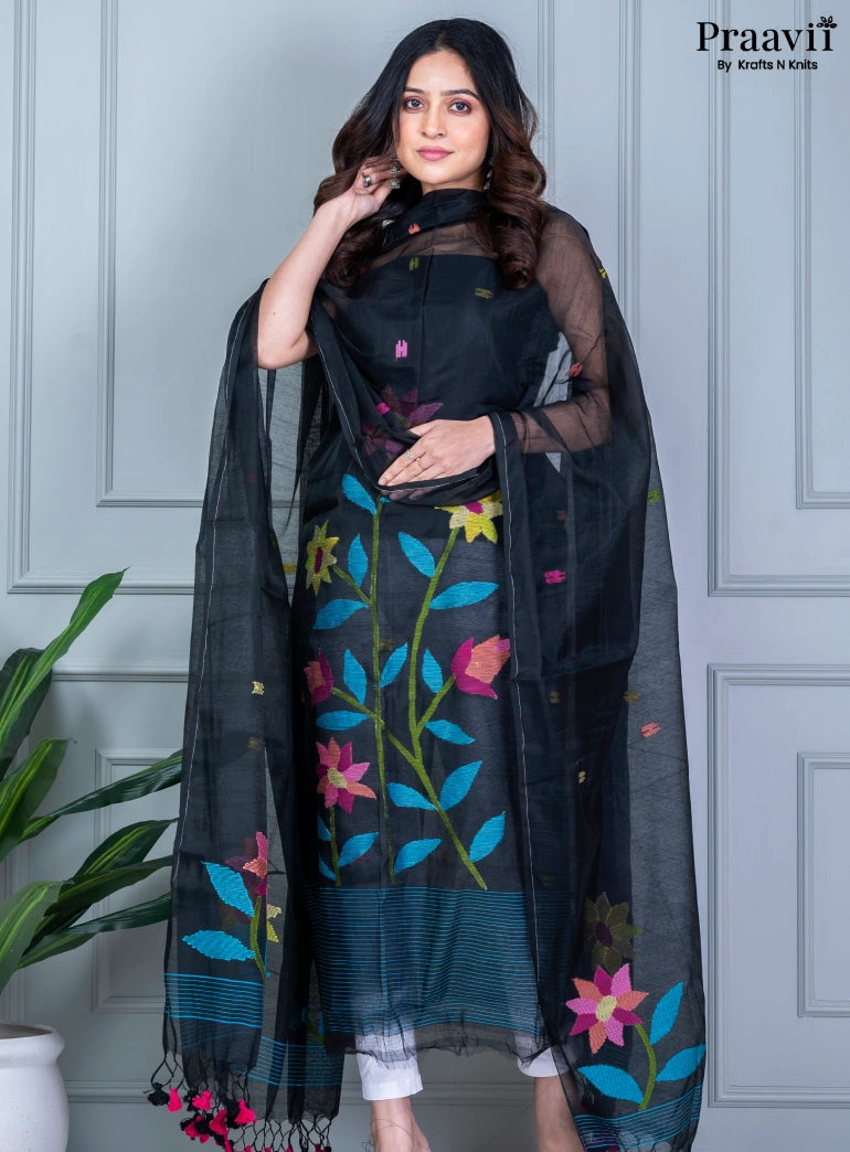 Black Unstitched Muslin Jamdani Suit Set
