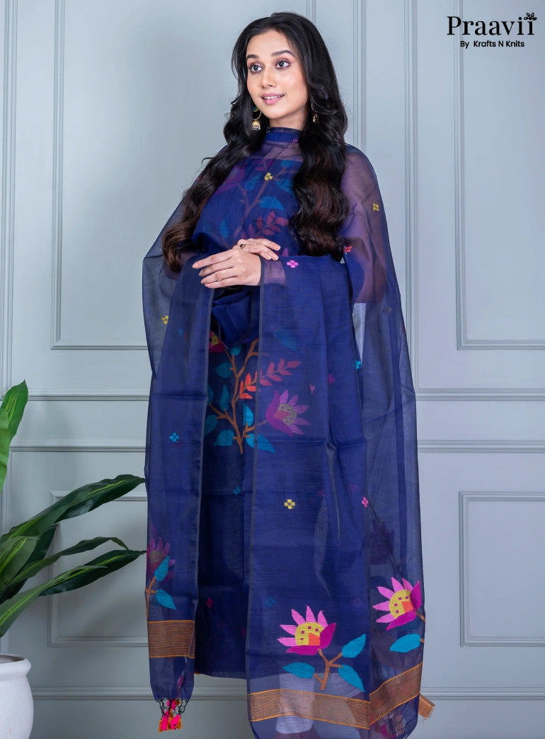 Navy Blue Unstitched Muslin Jamdani Suit Set
