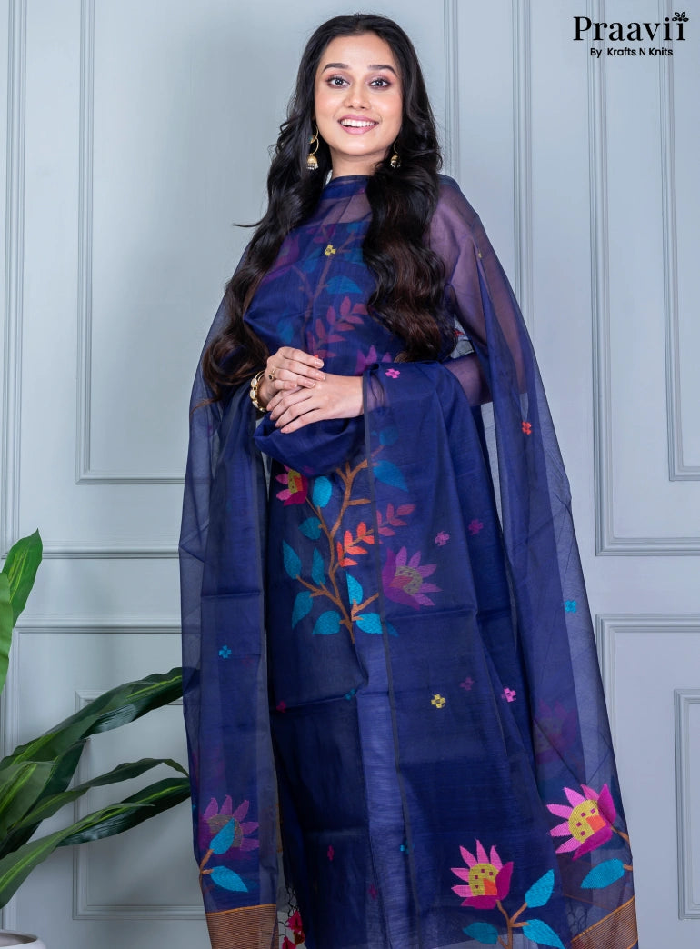 Navy Blue Unstitched Muslin Jamdani Suit Set
