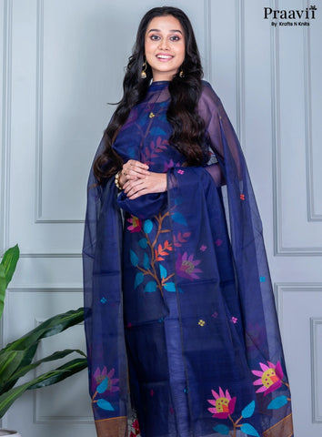 Navy Blue Unstitched Muslin Jamdani Suit Set