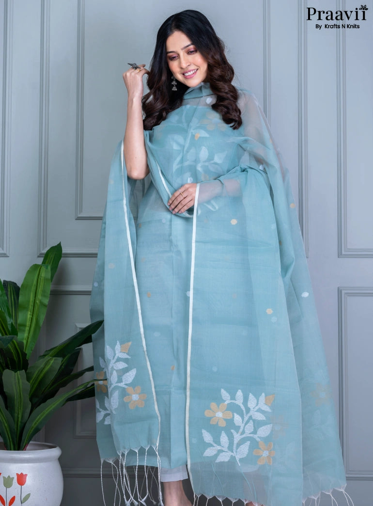 Sky Blue Unstitched Muslin Jamdani Suit Set