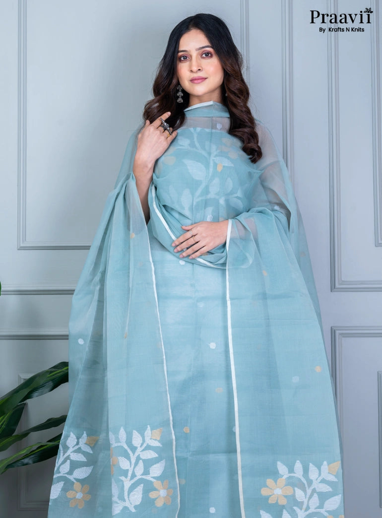 Sky Blue Unstitched Muslin Jamdani Suit Set