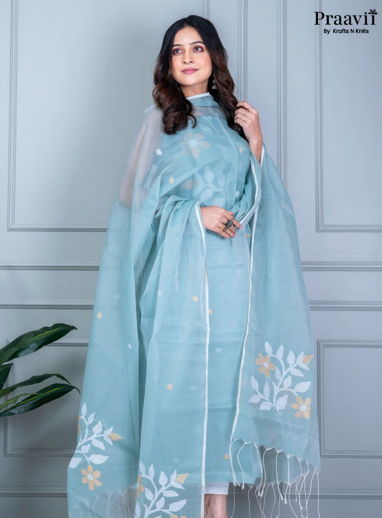 Sky Blue Unstitched Muslin Jamdani Suit Set