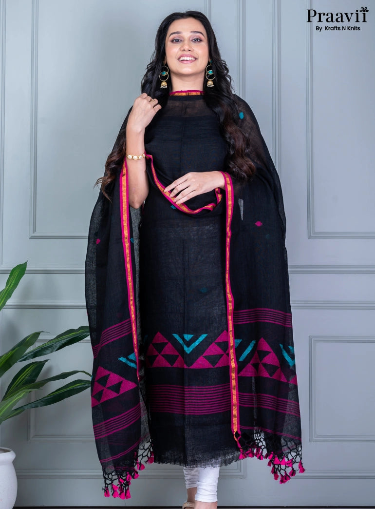 Black Unstitched Linen Jamdani Suit Set