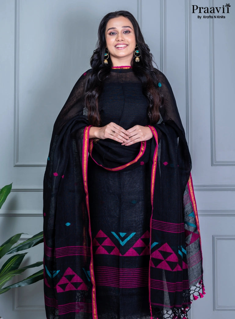 Black Unstitched Linen Jamdani Suit Set