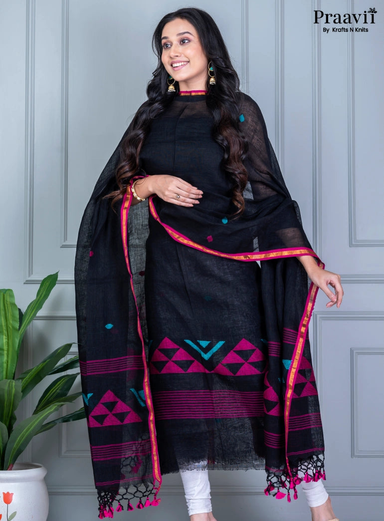 Black Unstitched Linen Jamdani Suit Set