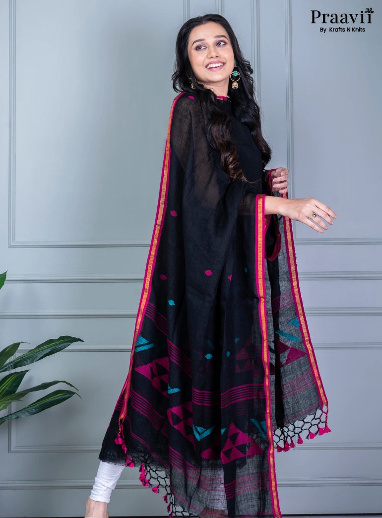 Black Unstitched Linen Jamdani Suit Set