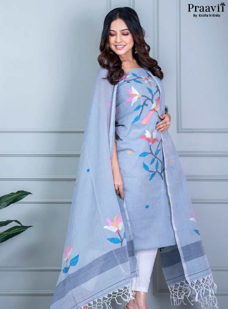 Celestial Blue Unstitched Cotton Jamdani Suit Set