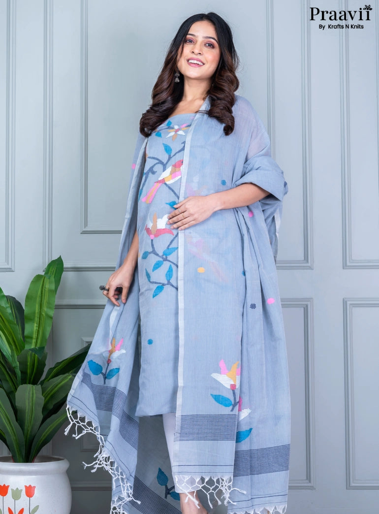 Celestial Blue Unstitched Cotton Jamdani Suit Set